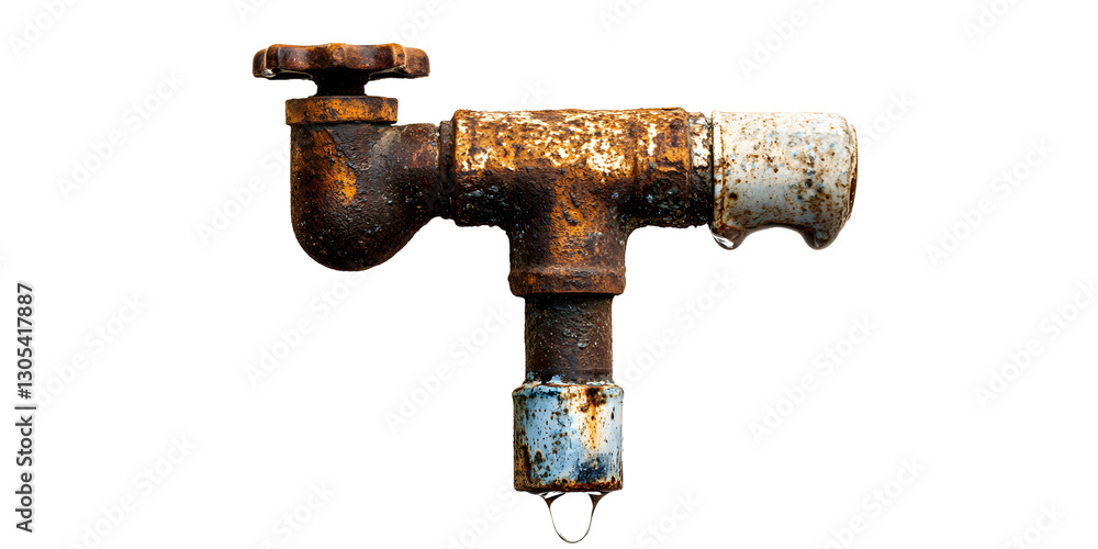 Rusty old water faucet with dripping water, cut out, isolated on white or transparent background Rusty old water faucet with dripping water, cut out, isolated on white or transparent background