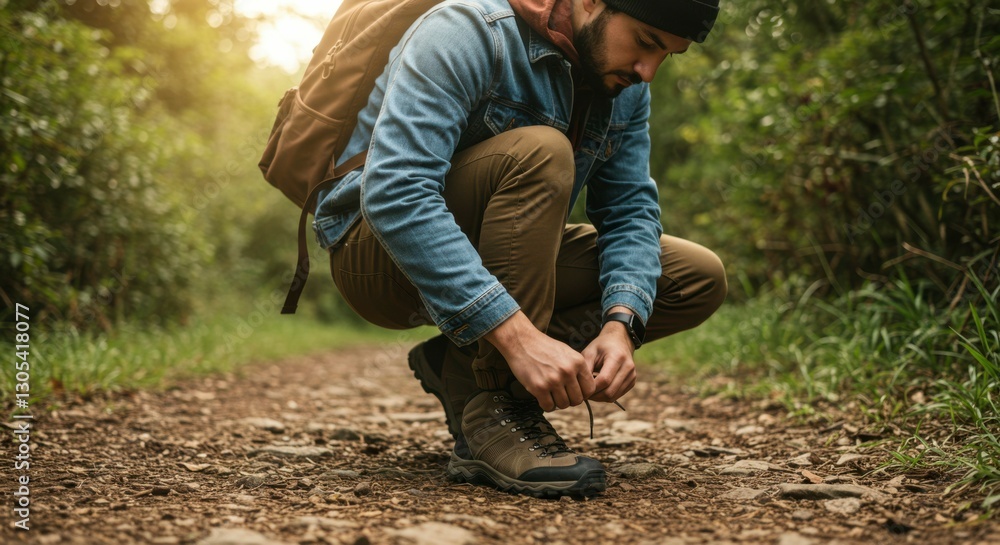 Hiker Tying Boots Forest Path Hiker Tying Boots Forest Path
