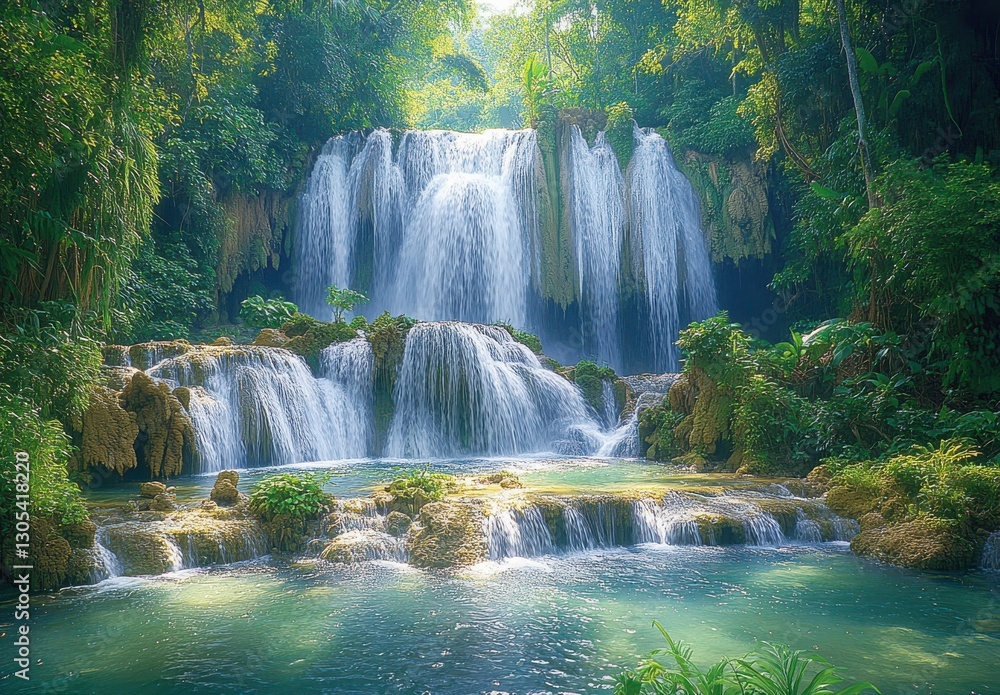 Obraz premium Serene Waterfall Cascading Over Lush Greenery in a Tranquil Forest Setting