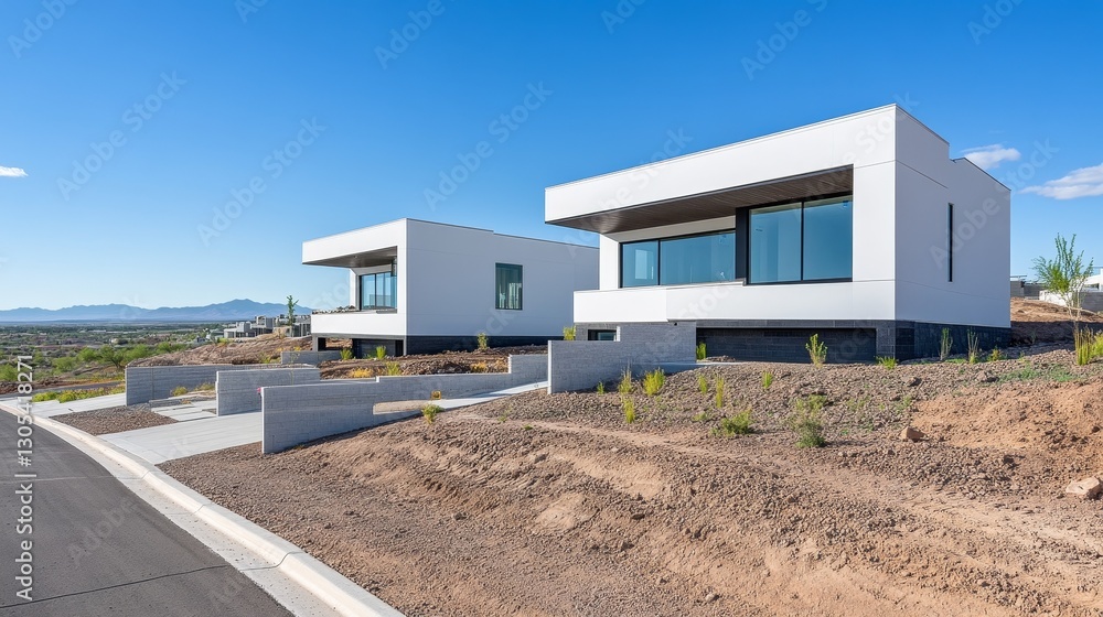 Modern minimalist homes with large windows situated on a hillside under a clear blue sky Modern minimalist homes with large windows situated on a hillside under a clear blue sky