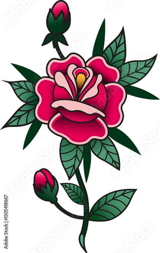 Vintage tattoo flower design: old school rose tattoo. Isolated vintage rose tattoo.