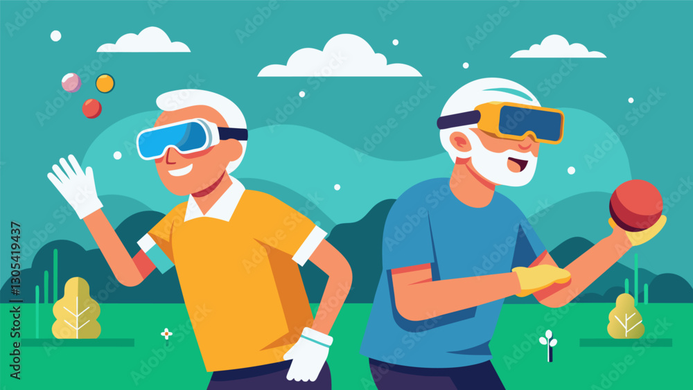 Two retired friends use virtual reality to relive their glory days of playing sports feeling like they are young and active again on a virtual field.. Vector illustration Two retired friends use virtual reality to relive their glory days of playing sports feeling like they are young and active again on a virtual field.. Vector illustration