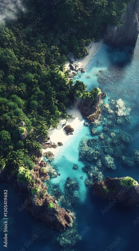 Tropical paradise aerial view with lush green cliffs, turquoise waters, and white sandy beaches. Stunning natural scenery perfect for wallpapers and background images Tropical paradise aerial view with lush green cliffs, turquoise waters, and white sandy beaches. Stunning natural scenery perfect for wallpapers and background images