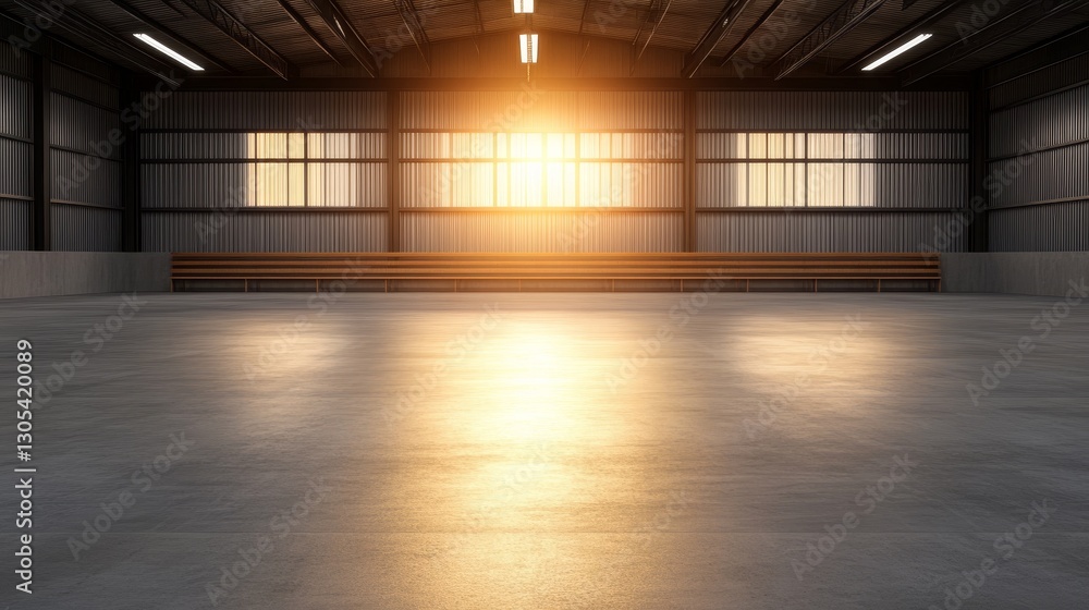 Sunlight streaming through warehouse windows illuminating empty interior space with benches Sunlight streaming through warehouse windows illuminating empty interior space with benches