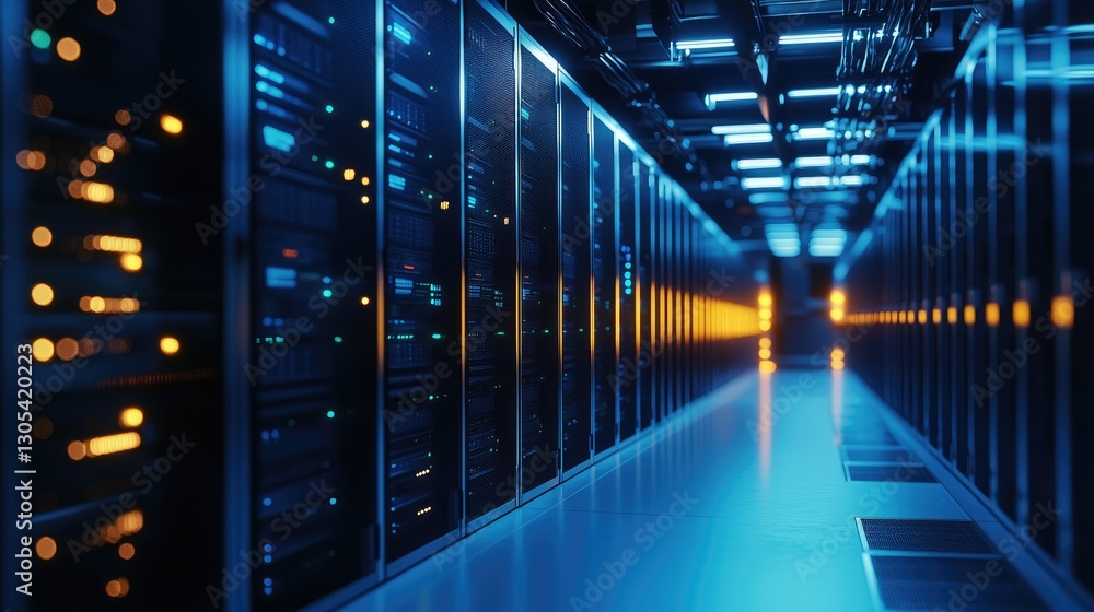 Fototapeta premium High tech data center with glowing blue and orange server lights, symbolizing cybersecurity, cloud computing, and IT infrastructure. Ideal for technology and digital security concepts