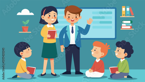 The teacher led a game of two truths and a lie where students had to guess which of their classmates statements were false sparking laughter and friendly competition.. Vector illustration