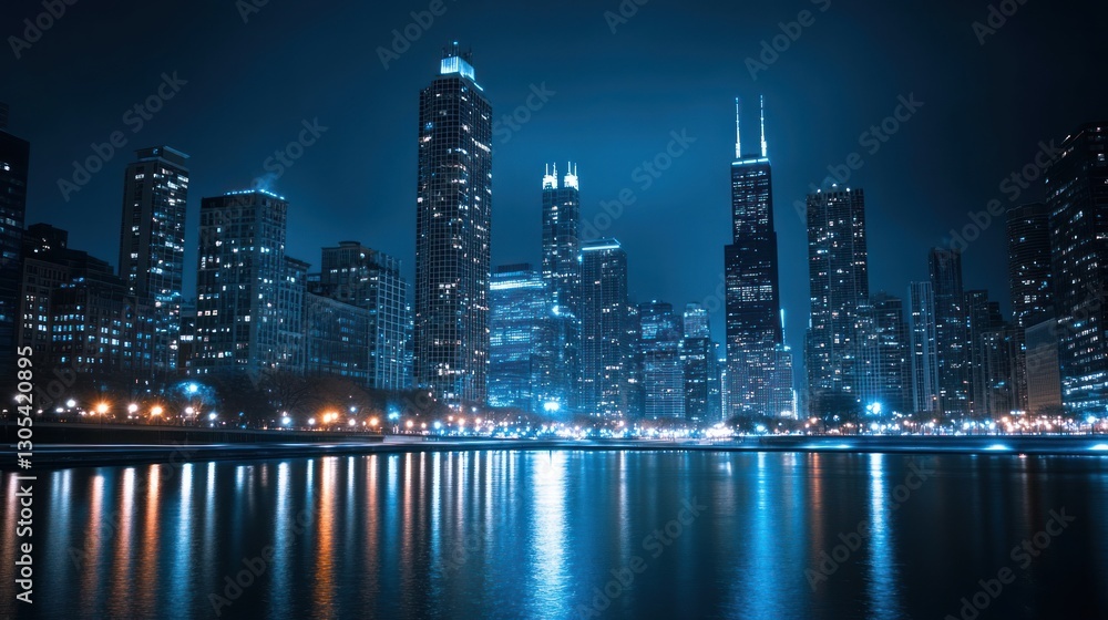 Fototapeta premium Chicago skyline at night, illuminated skyscrapers reflecting on water. Possible use stock photography for city, travel, architecture