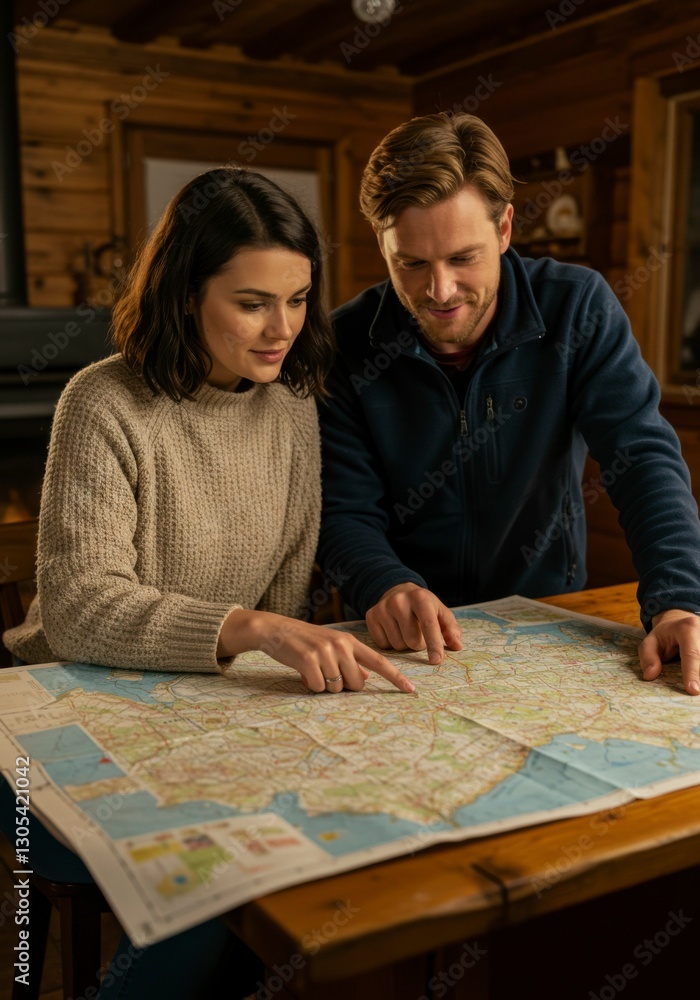 Fototapeta premium Couple Planning Trip, Cabin, Map