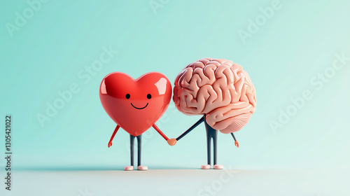 Heart and Brain Characters Holding Hands in a Playful Scene