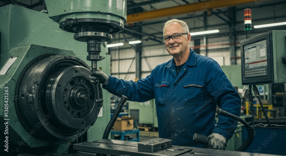 Factory worker near machine smiles Factory worker near machine smiles