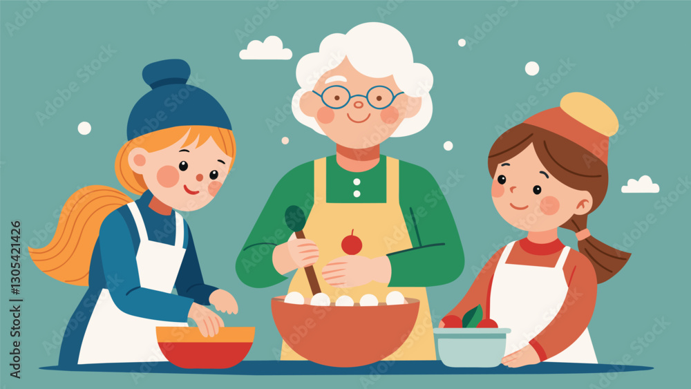Three generations gather around a giant mixing bowl taking turns adding ingredients and stirring as they make a decadesold recipe for Christmas cookies.. Vector illustration Three generations gather around a giant mixing bowl taking turns adding ingredients and stirring as they make a decadesold recipe for Christmas cookies.. Vector illustration