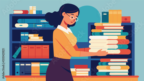 The school librarian organizing a stack of archived newspapers for future reference.. Vector illustration