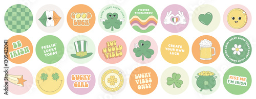 St. Patrick's Day bright round stickers. Clover, leprechaun hat, coin, beer, pot of gold, heart gesture, Irish kiss. Sticker pack of characters, elements, funny phrases, good luck wishes.