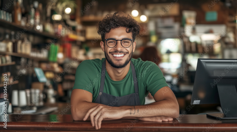 Smiling Barista in a Cozy Cafe Environment with Warm Atmosphere Smiling Barista in a Cozy Cafe Environment with Warm Atmosphere