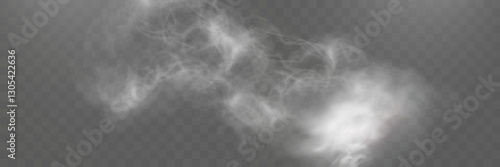 Realistic white smoke on transparent background with soft swirling effect, misty fog, and airy vapor for design projects.
