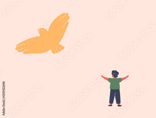 small boy spread his arms like a bird. silhouette of a bird flying over a child as a symbol of hope freedom, carefree. vector illustration metaphor