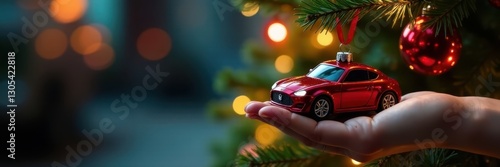 Hand places red car ornament on Christmas tree with colorful lights and baubles, gold, red, happy