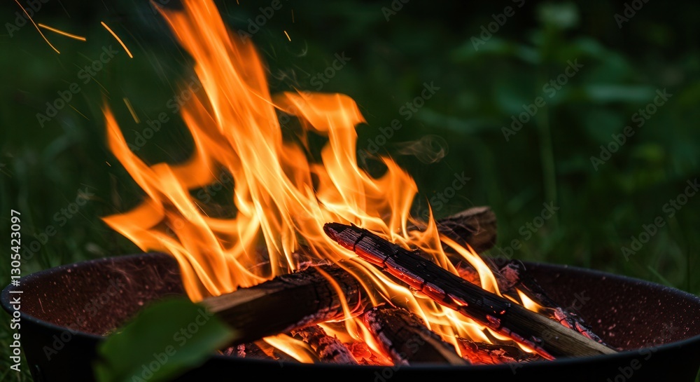Burning Campfire with Flames and Sparks in Outdoor Backyard Setting Burning Campfire with Flames and Sparks in Outdoor Backyard Setting