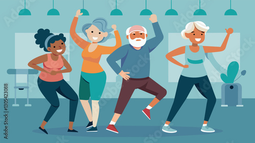 The echoes of upbeat music and heavy breathing fill the air as seniors work up a sweat in an aerobics class at the bustling community center.. Vector illustration