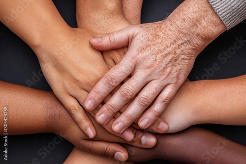 Diverse group joining hands in unity and teamwork