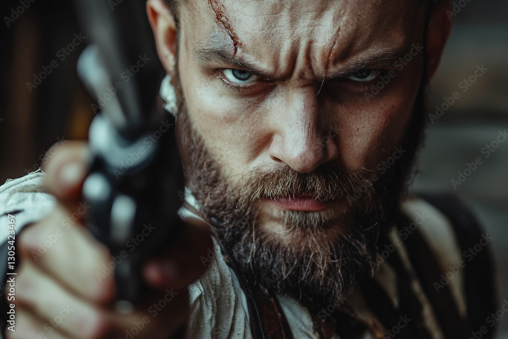 Close-up portrait of pirate character with intense gaze detailed costume ai generative Close-up portrait of pirate character with intense gaze detailed costume ai generative