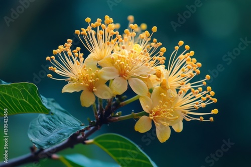 Ochna integerrima blossoming showing its golden flowers and green leaves photo