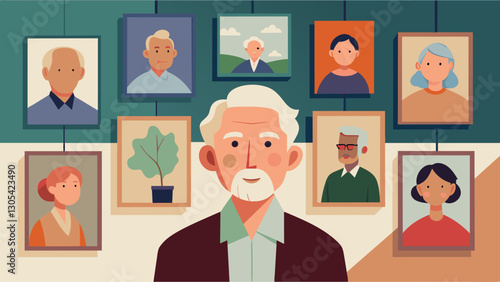 The gallery was filled with stunning photographs taken by esteemed senior citizens each telling their own unique story.. Vector illustration