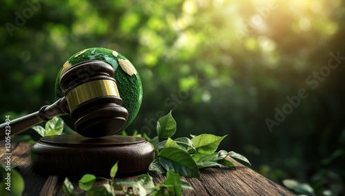 Environmental Lawsuit, Gavel on Earth Model, Nature Background, Legal Ruling photo