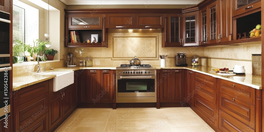 Fototapeta premium A luxurious kitchen featuring wooden cabinetry and modern appliances