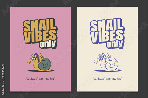 retro 30s poster with a playful snail cartoon character, vector illustration