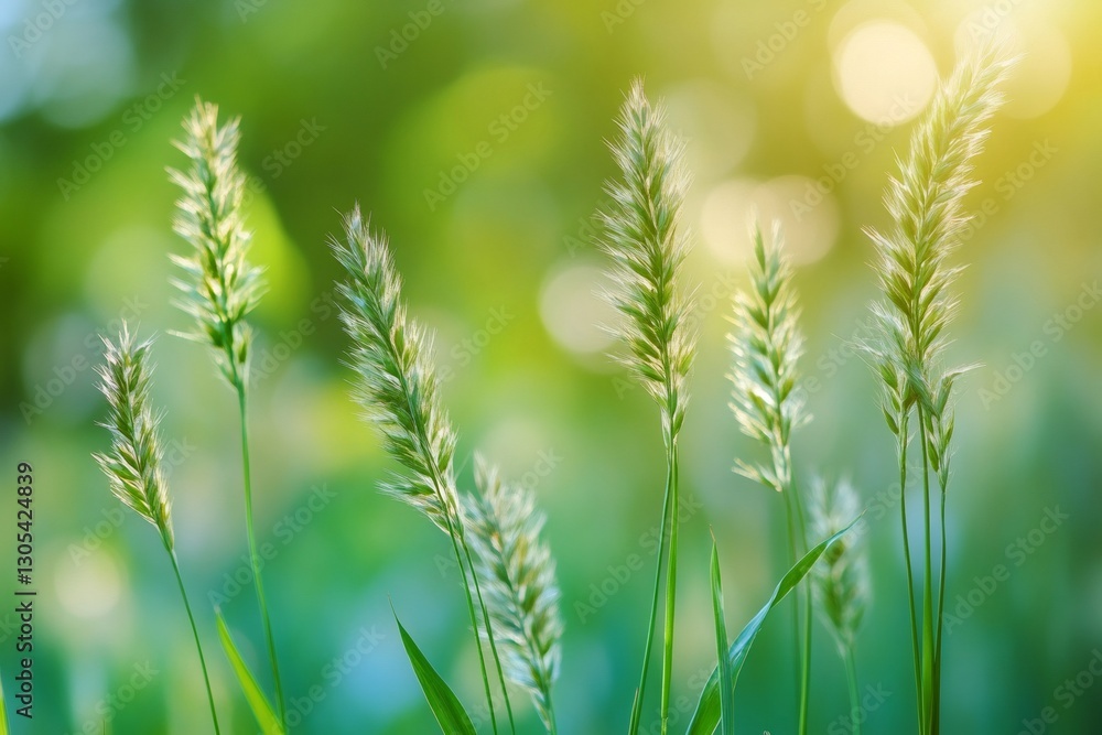 Green grass growing in summer meadow during golden hour sunset Green grass growing in summer meadow during golden hour sunset