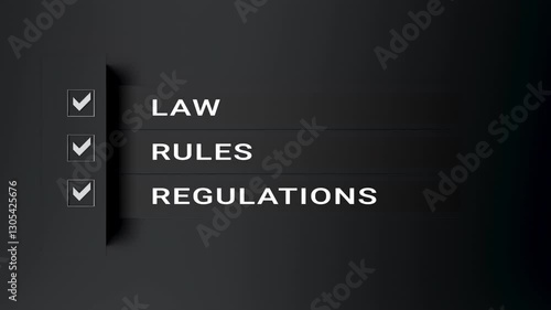 Checklist law rules and regulations Banner writing text corporate compliance. 3D animation
