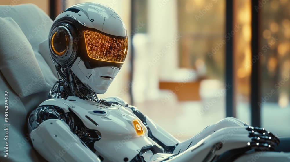Robot on couch. White android rests. Silver metal design. Futuristic machine relaxes. Orange visor display. Modern tech indoors. Robot on couch. White android rests. Silver metal design. Futuristic machine relaxes. Orange visor display. Modern tech indoors.