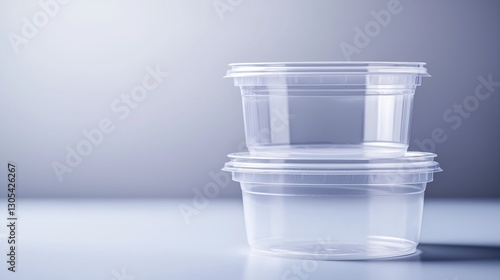 Two round plastic empty food containers on a white surface.
