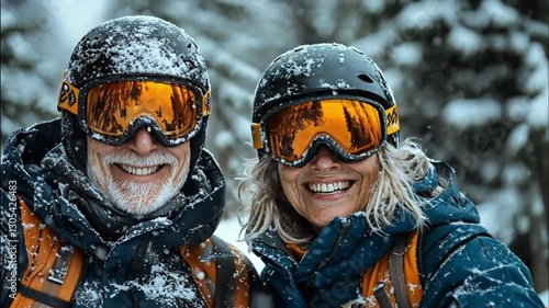 Happy senior couple skiing in snowy forest. Potential use Stock photo for winter sports, healthy lifestyle, adventure