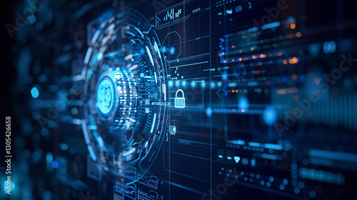 Immersive digital security interface in HUD, dark blue background, advanced technology, double exposure effect, futuristic business security ,