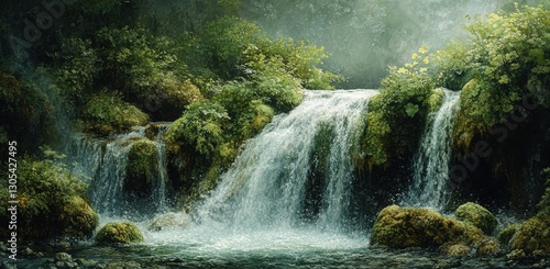 Wallpaper Mural Serene Waterfall Surrounded by Lush Greenery in a Misty Forest Setting, Capturing Nature's Tranquility and Beauty in a Magical Landscape Torontodigital.ca