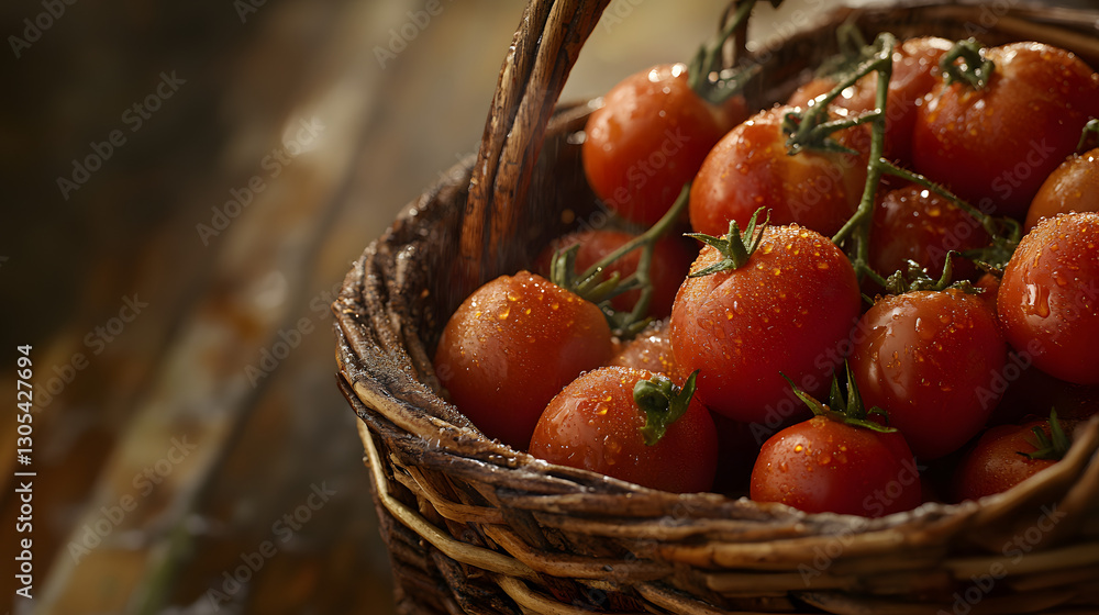 Fresh Organic Tomatoes in Rustic Wicker Basket Close-Up, Nature's Bounty Photography Fresh Organic Tomatoes in Rustic Wicker Basket Close-Up, Nature's Bounty Photography