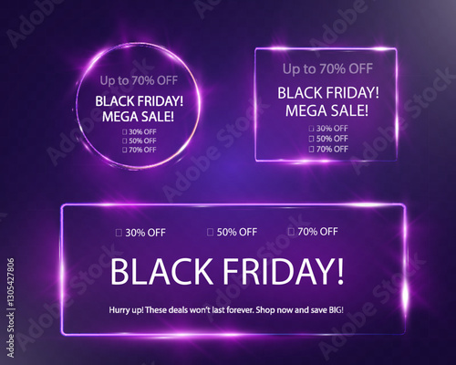 Glowing Black Friday sale banner with bright light frame, discount percentages, and call-to-action text on dark purple background.
