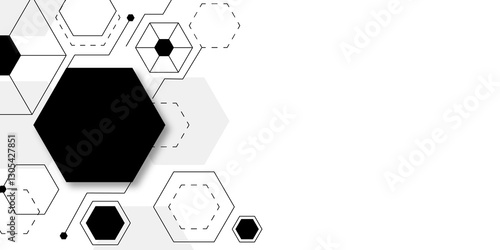 Abstract Black and White Hexagonal Design, Futuristic Tech Background. Minimalist Geometric Hexagon Pattern, Modern Abstract Concept. Hexagon. 