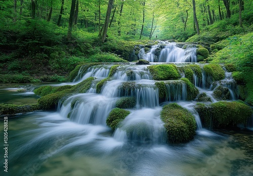Serene Waterfalls Flowing Over Green Mossy Rocks Surrounded by Lush Green Forest Landscape in Tranquil Nature Scene