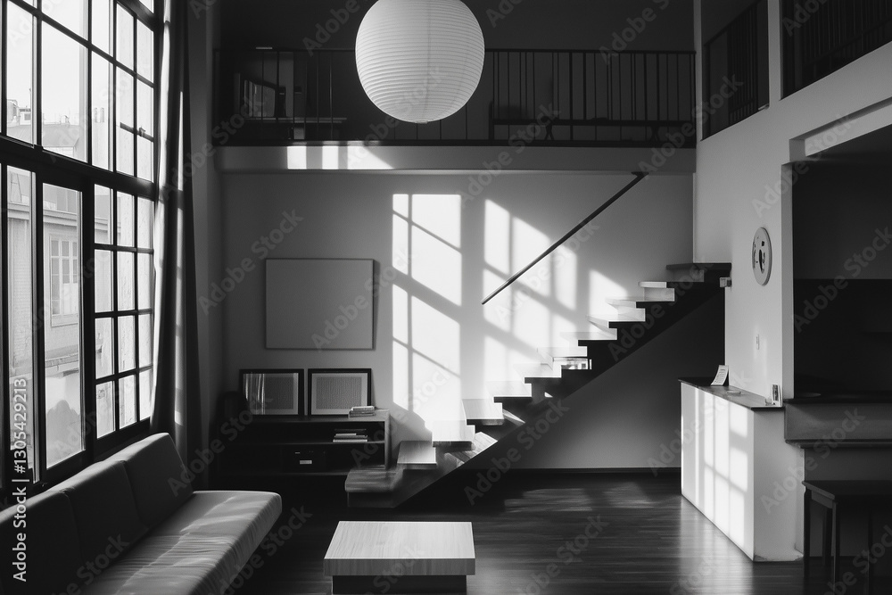 Contemporary Black & White Interior with Floating Staircase and Shadows