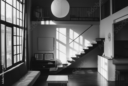 Contemporary Black & White Interior with Floating Staircase and Shadows