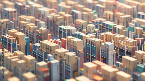 A large warehouse with numerous items. Rows of shelves with boxes. Logistics. Inventory control, order fulfillment or space optimization. Illustration for advertising, marketing or presentation.