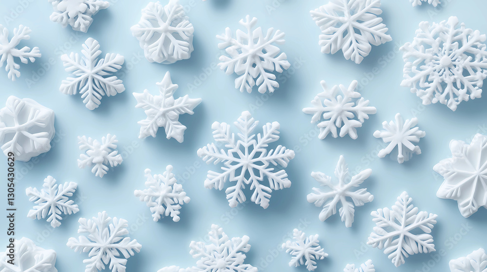 White snowflakes on a plain white or blue background, highlighting their unique symmetrical patterns. SEAMLESS PATTERN. SEAMLESS WALLPAPER. White snowflakes on a plain white or blue background, highlighting their unique symmetrical patterns. SEAMLESS PATTERN. SEAMLESS WALLPAPER.