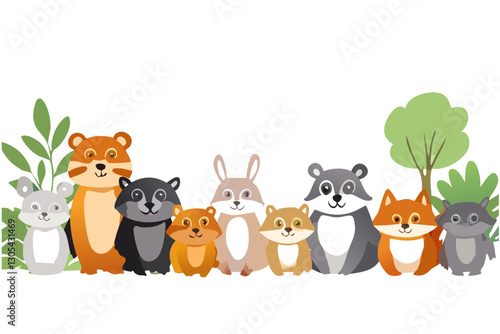 Colorido dibujo de dibujos animados con animales del bosque lindos y caras soleadas en un fondo ligero