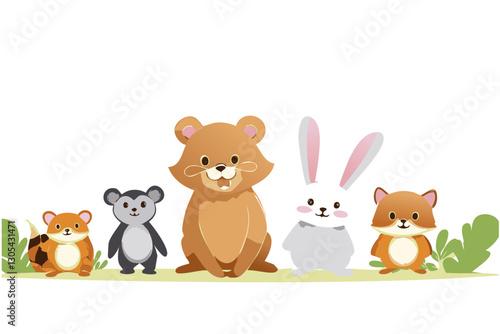 Colorido dibujo de dibujos animados con animales del bosque lindos y caras soleadas en un fondo ligero