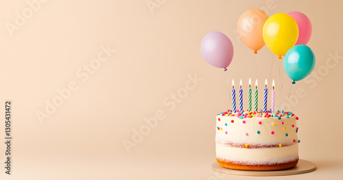 birthday party balloons, colourful balloons background and birthday cake with candles	