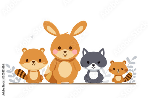 Colorido dibujo de dibujos animados con animales del bosque lindos y caras soleadas en un fondo ligero