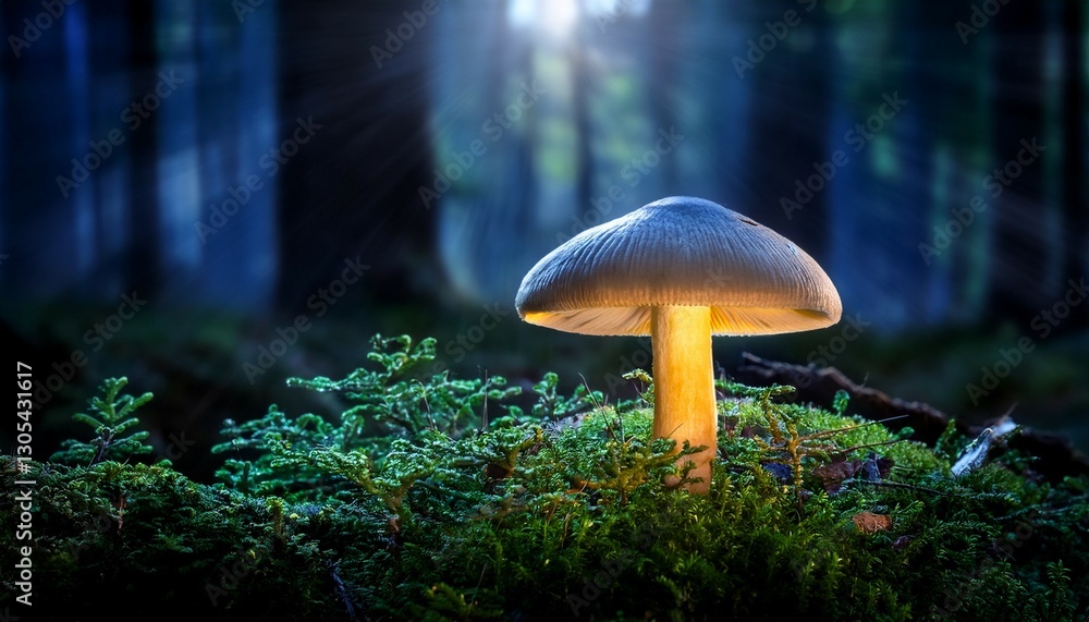 Fototapeta premium glowing mushroom growing in enchanted forest at night